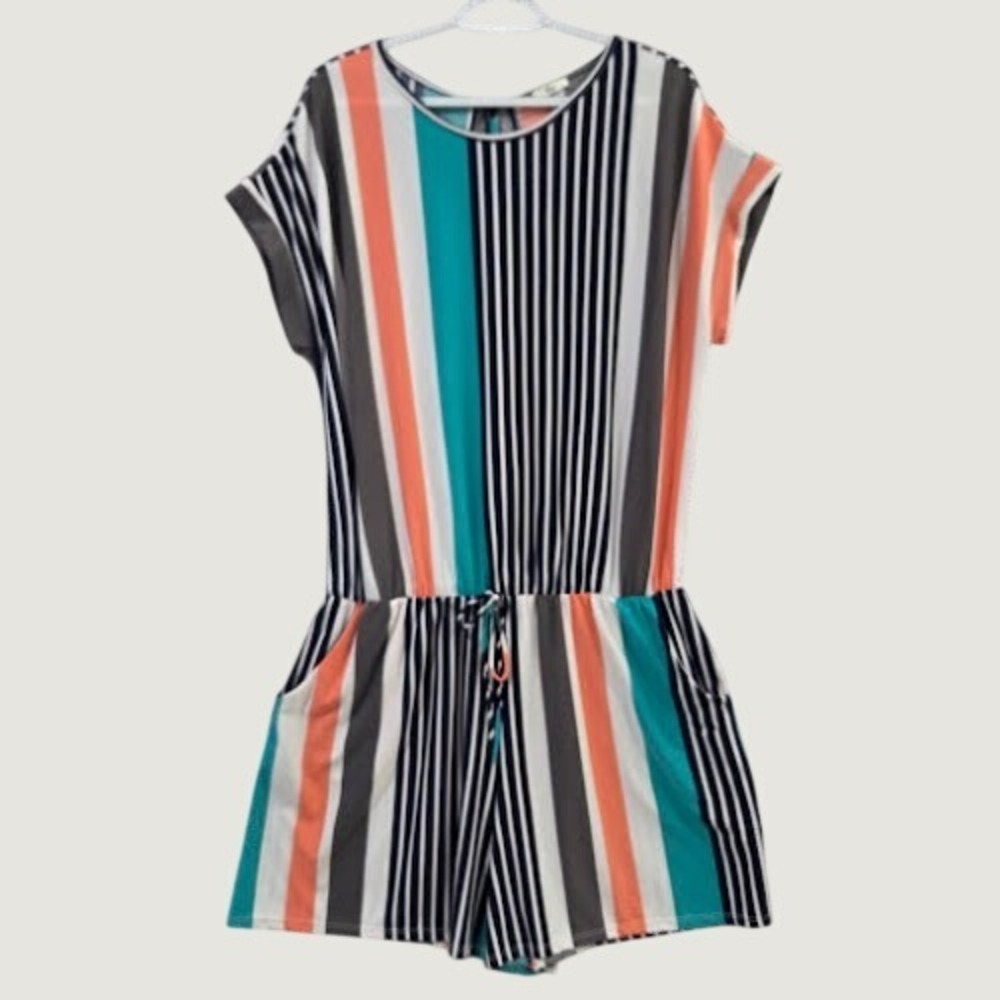 Égs Shorts Romper Women 3XL Plus Multicolor Stripe Drawstring Keyhole Cap Sleeve